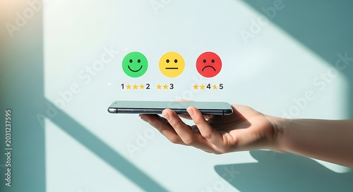 Customer feedback rating icons with smiley faces and stars hover over a hand holding a smartphone in a bright interior. Ideal for customer service and user experience marketing.