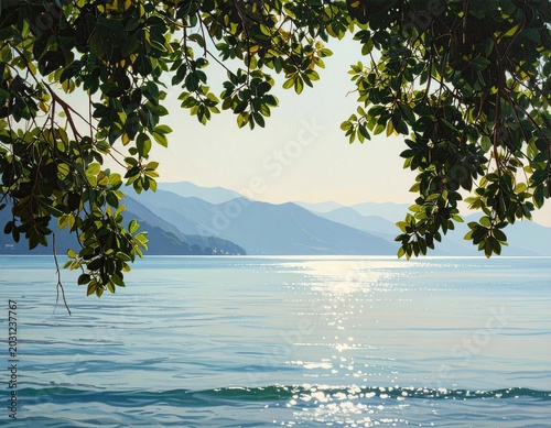 Lush green branches frame a sun-drenched tranquil seascape with hazy distant mountains