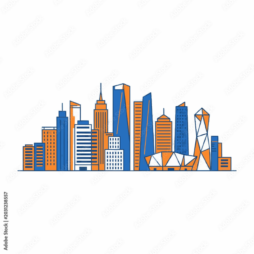 Obraz premium City Skyline Vector Illustration Flat Design Orange Blue Urban