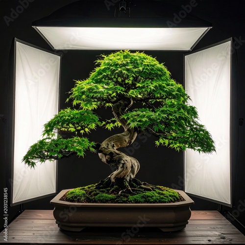 Lush green bonsai tree with twisting trunk under studio lights