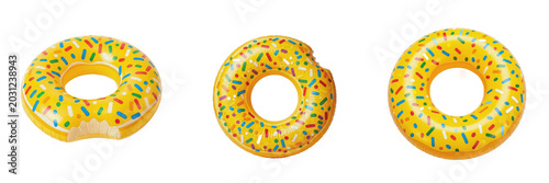 Sweet Frosted Donut Inflatable Swim Ring Pool Float Set Isolated on Transparent Background, Fun Summer Pool PNG Collection