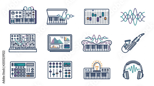 Foto Collection of electronic music production equipment and sound waves