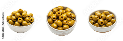 White Ceramic Bowl Filled with Whole Green Olives Set Isolated on Transparent Background, Fresh Mediterranean Food PNG