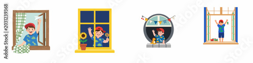 Foto Set of Illustrations Featuring a Cheerful Young Boy Playing and Waving from Different Window Styles, Including Square, Yellow, and Round Windows