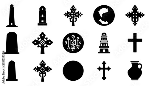 Konstfotografi Ethiopian religious icons and cultural symbols set, 15 black vector silhouettes