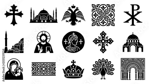 Tablou pe pânză Byzantine Empire icons and religious symbols set, 15 black vector silhouettes of