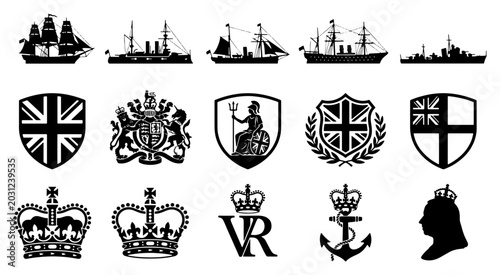 Foto Vintage British naval icons and heraldry set, 15 black vector silhouettes of roy