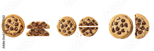 Fresh Chocolate Chip Cookies with Broken Half Set Isolated on Transparent Background, Homemade Sweet Dessert PNG Collection