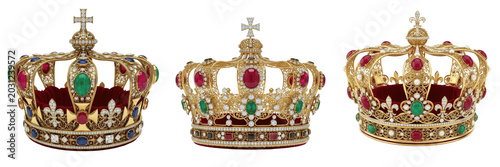 Luxurious Golden Royal Crown Adorned with Colorful Jewels Set Isolated on Transparent Background, Regal Luxury PNG Collection