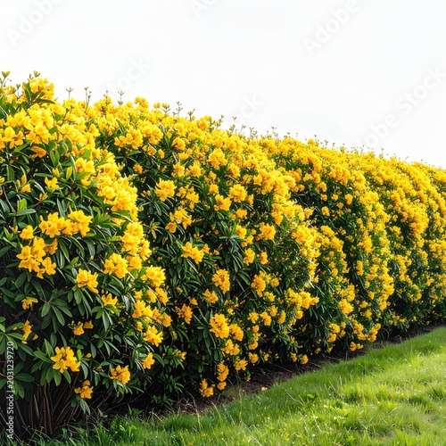 A vibrant row of bright yellow flowering bushes lining a grassy slope