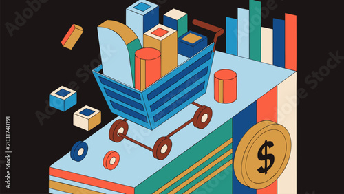 Modern online shopping illustration with cart, sales analytics, digital marketplace, retail business growth and e commerce management concept.
