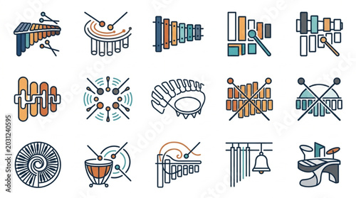 Fotografie Collection of Hand Drawn Musical Percussion Instruments Icons.