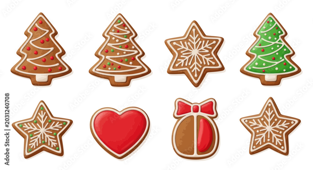 Obraz premium Christmas Gingerbread Cookies Assortment: Trees, Stars, Heart, Gift Box