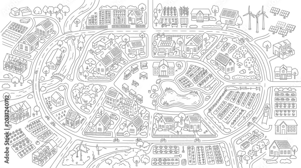 Fototapeta premium Eco-Friendly Sustainable Village Map Coloring Page with Solar Panels, Wind Turbines, and Community Gardens