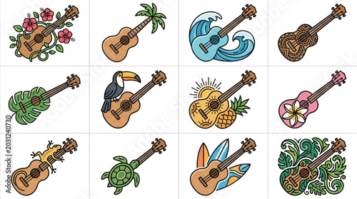 Tableau sur toile Collection of Hawaiian ukuleles with tropical themes and designs.