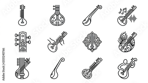 Foto Collection of Indian String Musical Instruments Icons.