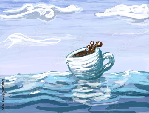 фотографія A post-impressionism digital painting of a cup of coffee floating on the ocean, portraying imagination, calmness, and freedom, with subtle brushstrokes and calm colors
