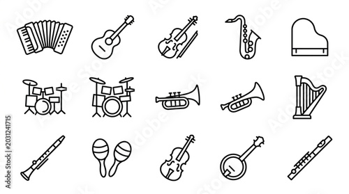 Bild auf Leinwand Collection of Musical Instruments Line Art Icons.