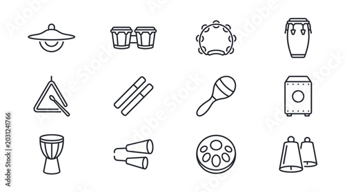 Fotografie Collection of Percussion Musical Instruments Line Art Icons.