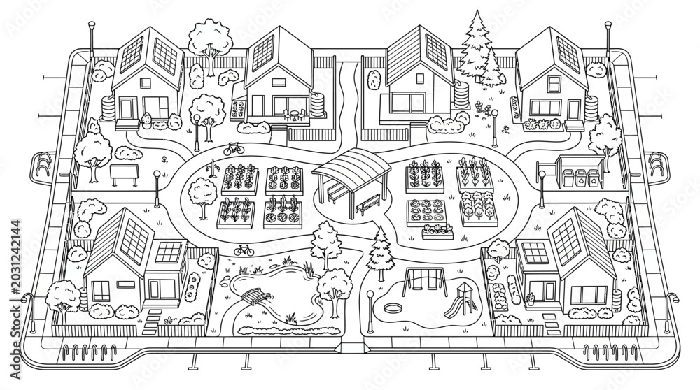 Obraz premium Sustainable Eco-Friendly Neighborhood Line Art Illustration with Solar Panels, Community Garden, and Green Living Infrastructure
