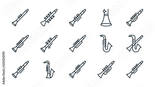Foto Collection of wind instrument icons in a simple line art style.