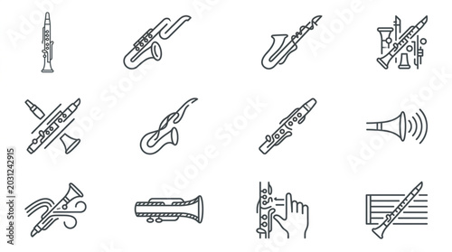 Foto Collection of wind instrument line art icons.