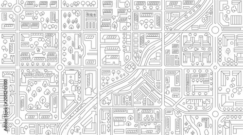 Modern Sustainable City Plan Line Art Illustration with Residential Blocks, Solar Energy, and Urban Green Spaces