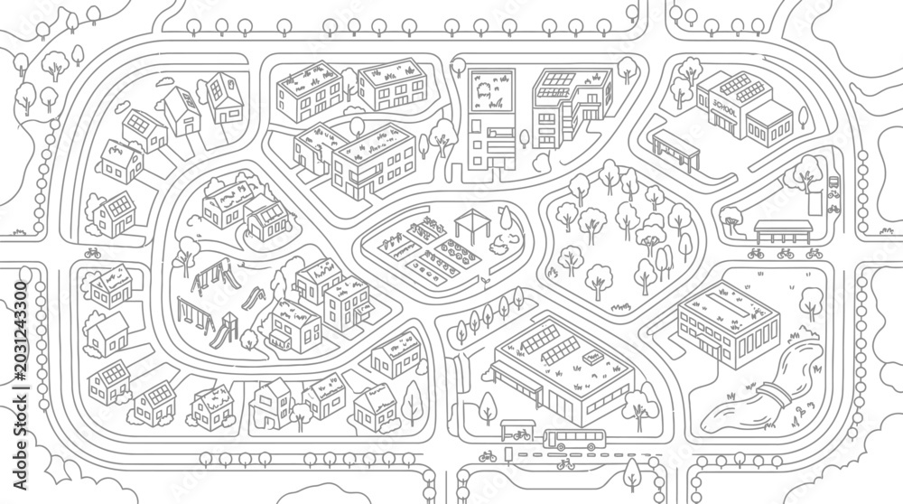 Fototapeta premium Sustainable City Neighborhood Map Coloring Page for Kids - Eco-Friendly Urban Planning Illustration with Solar Panels, Parks, and Community Gardens Line Art