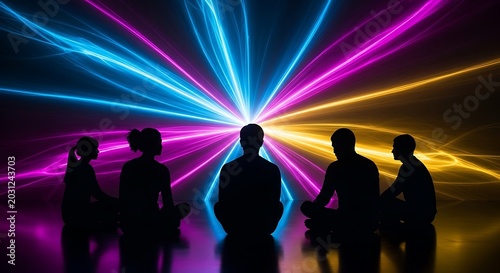 Silhouettes of five people meditating in front of vibrant neon lights display
