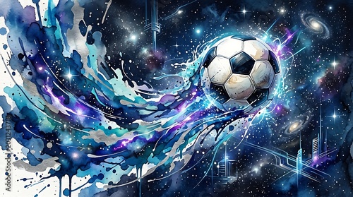 Soccer ball flying through space with vibrant blue and purple paint splatters and galaxy background
