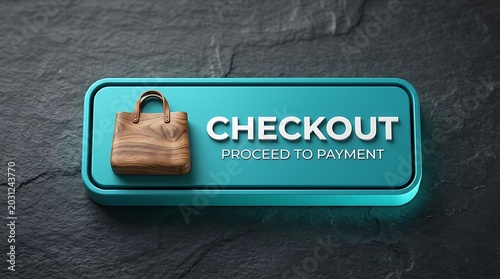 Teal checkout button with wooden purse on dark stone background