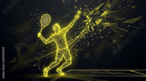 Tennis player serving with neon yellow glow and geometric shapes on black background