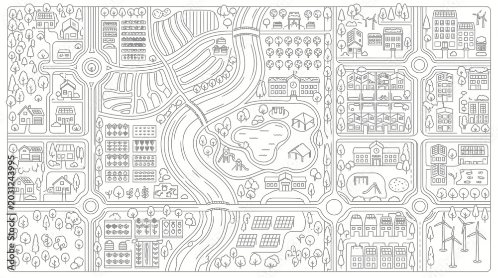 Obraz premium Eco-Friendly Sustainable City Map Coloring Page with Solar Panels, Wind Turbines, and Green Urban Planning Illustration