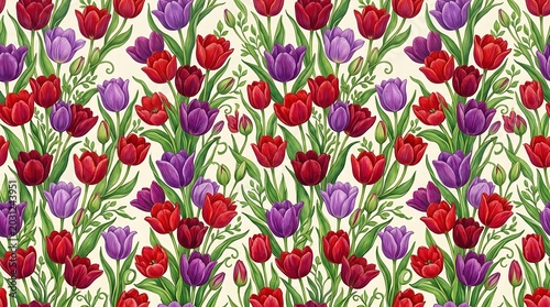 Vibrant red and purple tulips on cream background seamless floral pattern