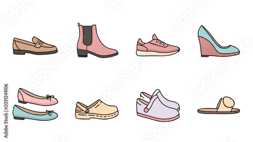 Collection of eight different types of women's footwear in a flat design style
