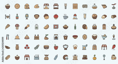 Collection of Various Food and Kitchen Icons.