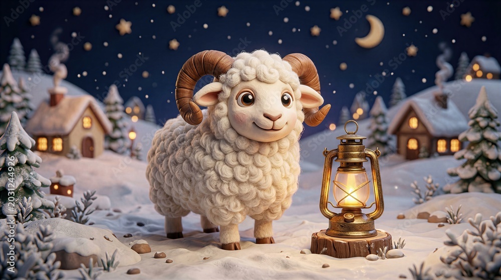 Obraz premium Cute 3D ram standing in snow with a glowing vintage lantern at night. Winter landscape background with cozy houses, crescent moon, and stars.