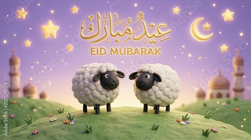 Cute 3D cartoon sheep standing on green grass hill with mosque and crescent moon background. Eid Mubarak greeting card design for Muslim holiday.