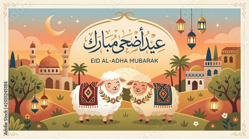 Flat design illustration of two cute sheep decorated with patterns in front of mosque and desert landscape. Eid al-Adha Mubarak greeting banner.