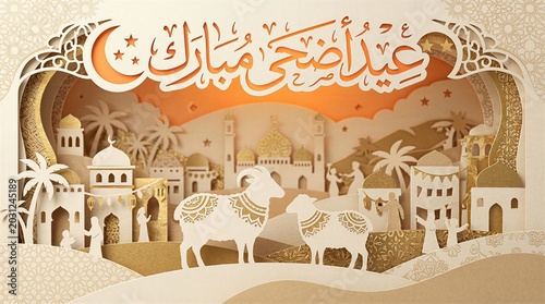 Golden papercut style Eid Mubarak card showcasing decorated sheep silhouettes and a minaret city view at sunset.