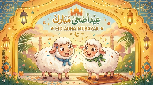 Cheerful cartoon sheep with scarves celebrating under confetti and an illuminated arch for Eid Adha Mubarak.