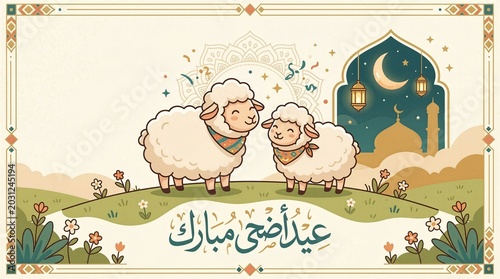 Simple line art cartoon sheep on a grassy field with a night mosque scene for Eid Adha Mubarak text greeting.