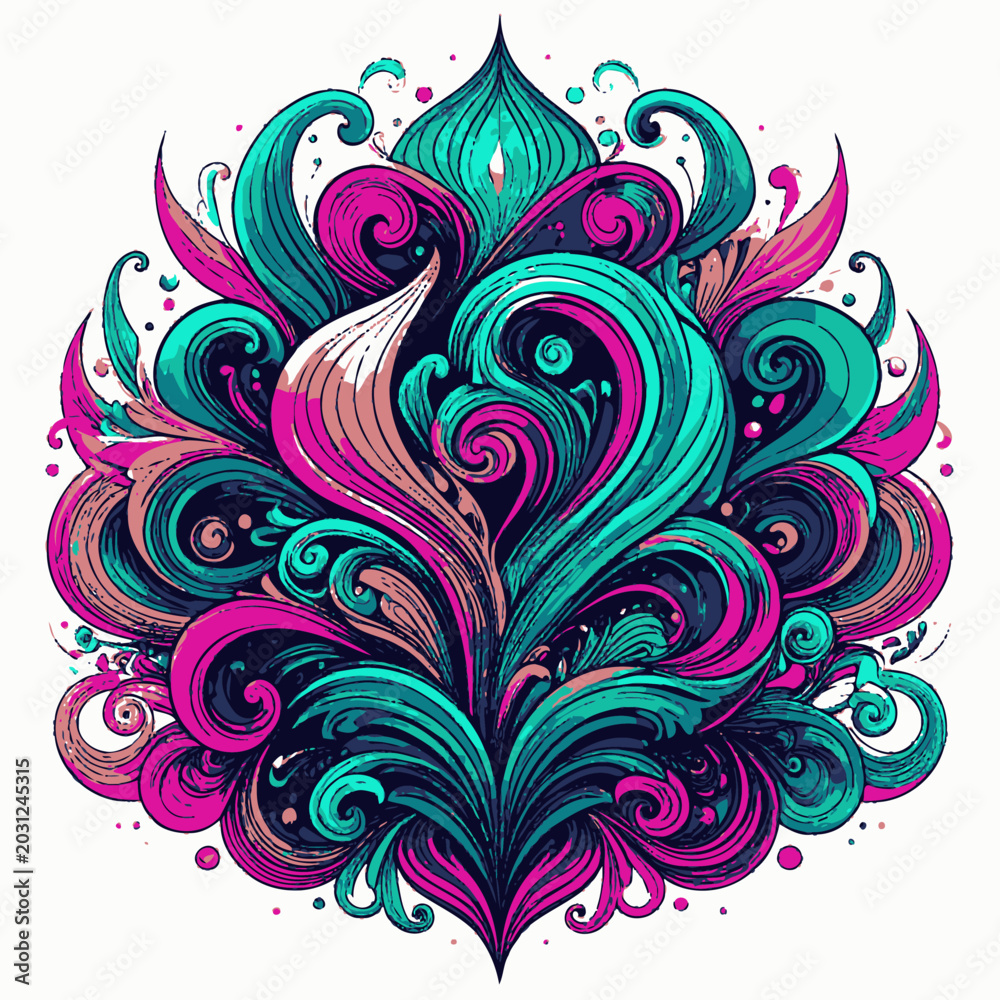 Fototapeta premium Abstract vibrant swirling floral ornament with colorful organic shapes.