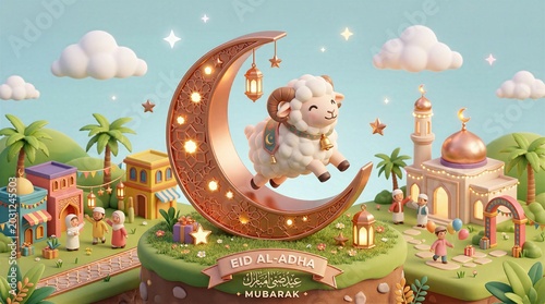 3D Eid Al Adha greeting card with cute floating sheep and crescent moon. Miniature festive village with mosque and Arab children celebrating.