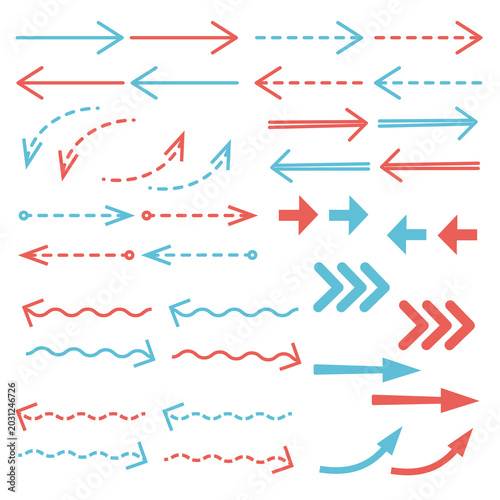 Simple business arrow icon set in red and blue, straight dashed curved wavy and double arrows