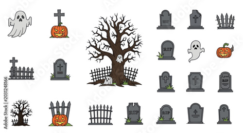 Photos Halloween tombstones and spooky decorations.
