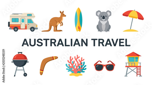 Photography Australian Travel Objects with Kangaroo Koala Campervan Surfboard and Beach Elem