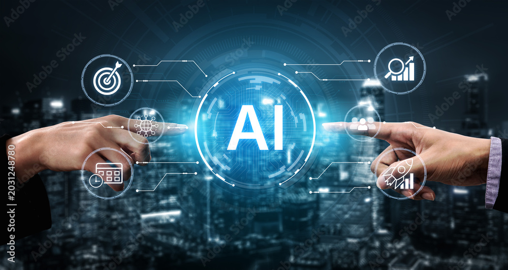 Obraz premium AI business strategy network with connected icons for goals and growth. Business analytics, automation, business planning, business intelligence for enterprise decision making. Corpus