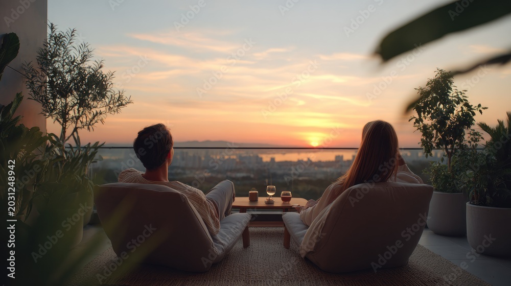 Obraz premium Couple on Balcony Watching Sunset: A romantic couple enjoys a breathtaking sunset view from their balcony, with city lights twinkling in the distance, creating a serene and intimate atmosphere.