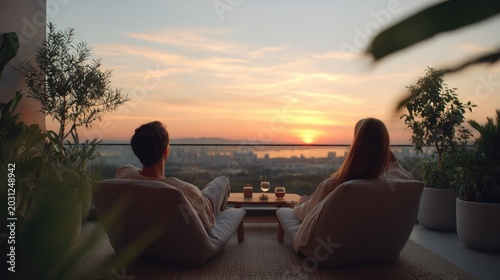 Couple on Balcony Watching Sunset: A romantic couple enjoys a breathtaking sunset view from their balcony, with city lights twinkling in the distance, creating a serene and intimate atmosphere.